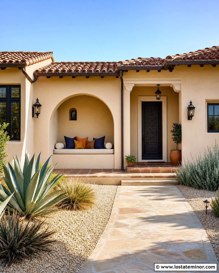 Beige Spanish House With Arched Daybed Nook - 30 Beige House Design With Daybed Ideas