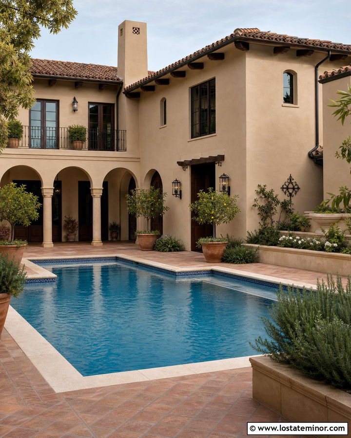 Beige Spanish House With Courtyard Pool - 30 Beige House Design With Swimming Pool Ideas