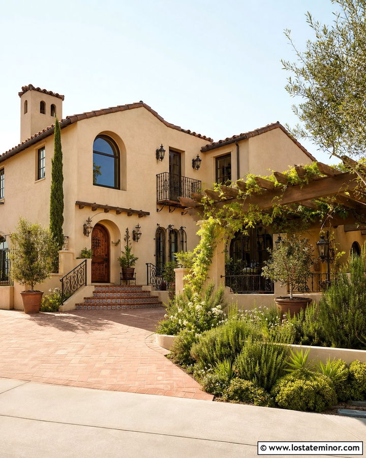 Beige Spanish House With Vine Covered Pergola - 30 Beige House Design With Pergola Ideas