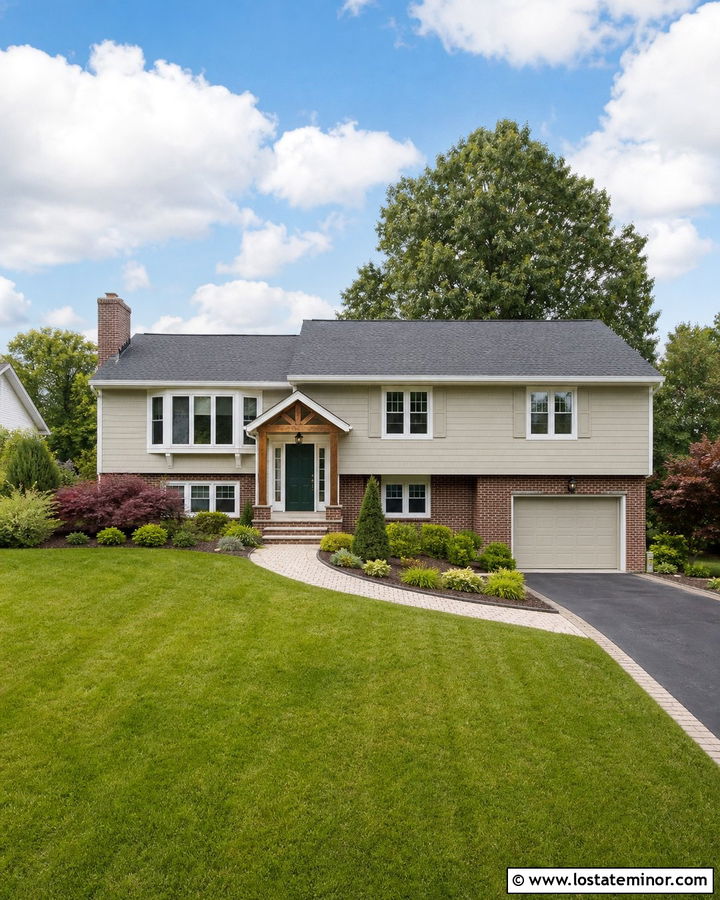 Beige Split Level House With Brick Lower Level - 30 Beige House Design With Brick Accents Ideas