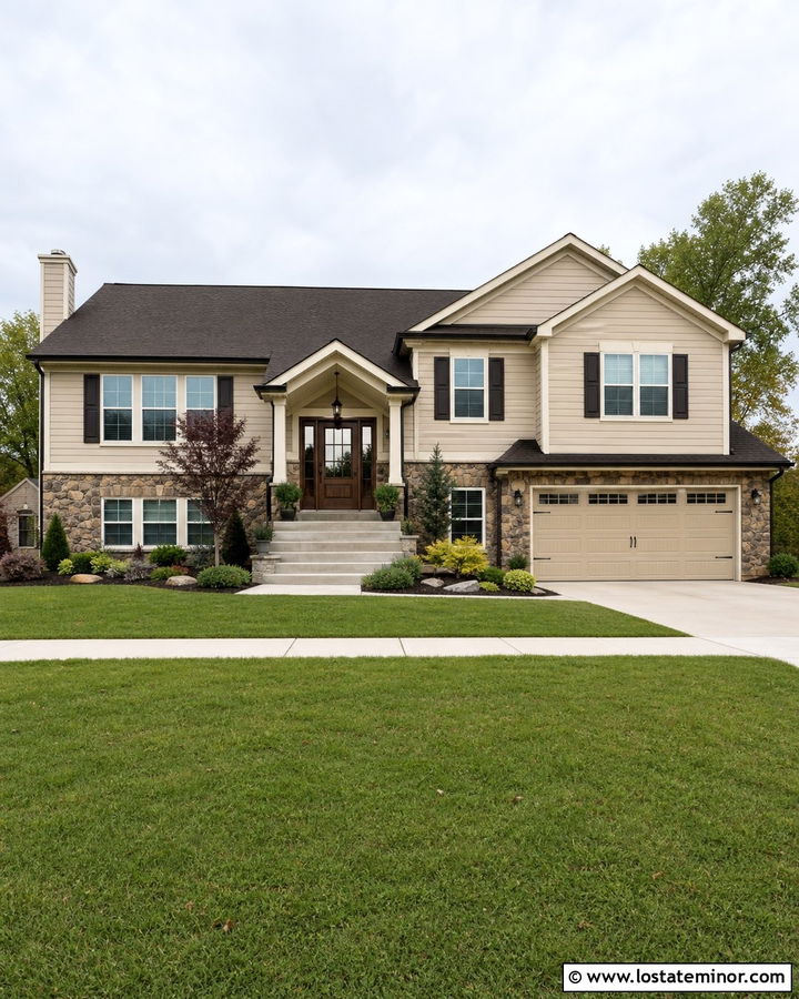 Beige Split Level House With Brown Shutters - 30 Beige House Design With Shutters Ideas