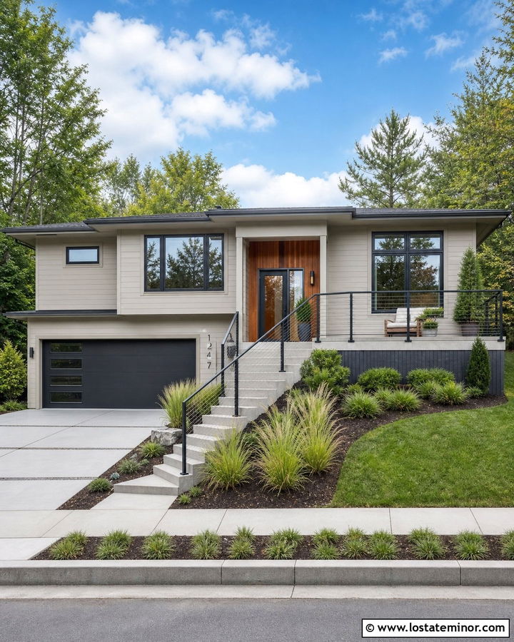Beige Split Level House With Cable Railings - 30 Beige House Design With Railings Ideas