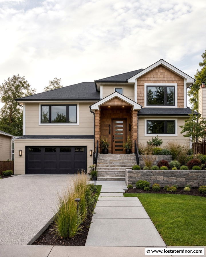 Beige Split Level House With Cedar Shake Entry - 30 Beige House Design With Cedar Shake Ideas