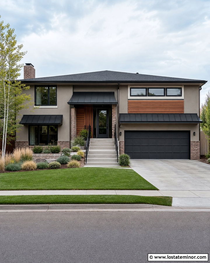 Beige Split Level House With Charcoal Awnings - 30 Beige House Design With Awning Ideas