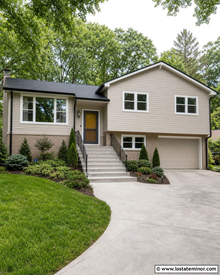 Beige Split Level House With Charcoal Screen Door - 30 Beige House Design With Screen Door Ideas