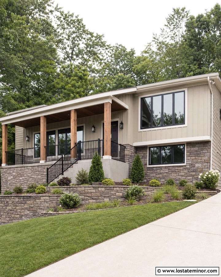 Beige Split Level House With Covered Front Porch - 30 Beige House Design With Front Porch Ideas