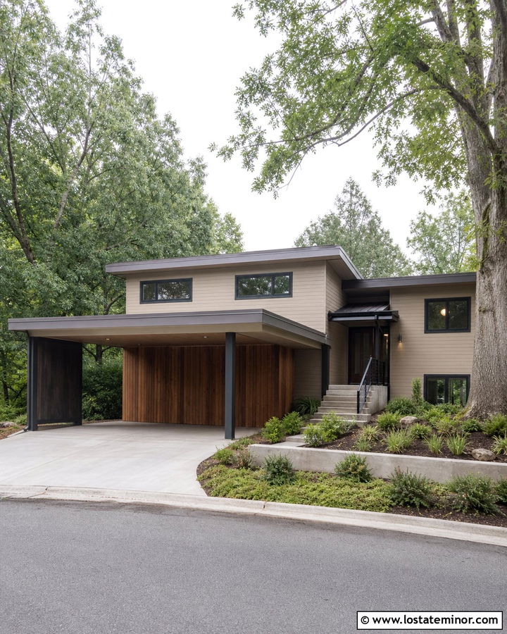 Beige Split Level House With Double Carport - 30 Beige House Design With Carport Ideas