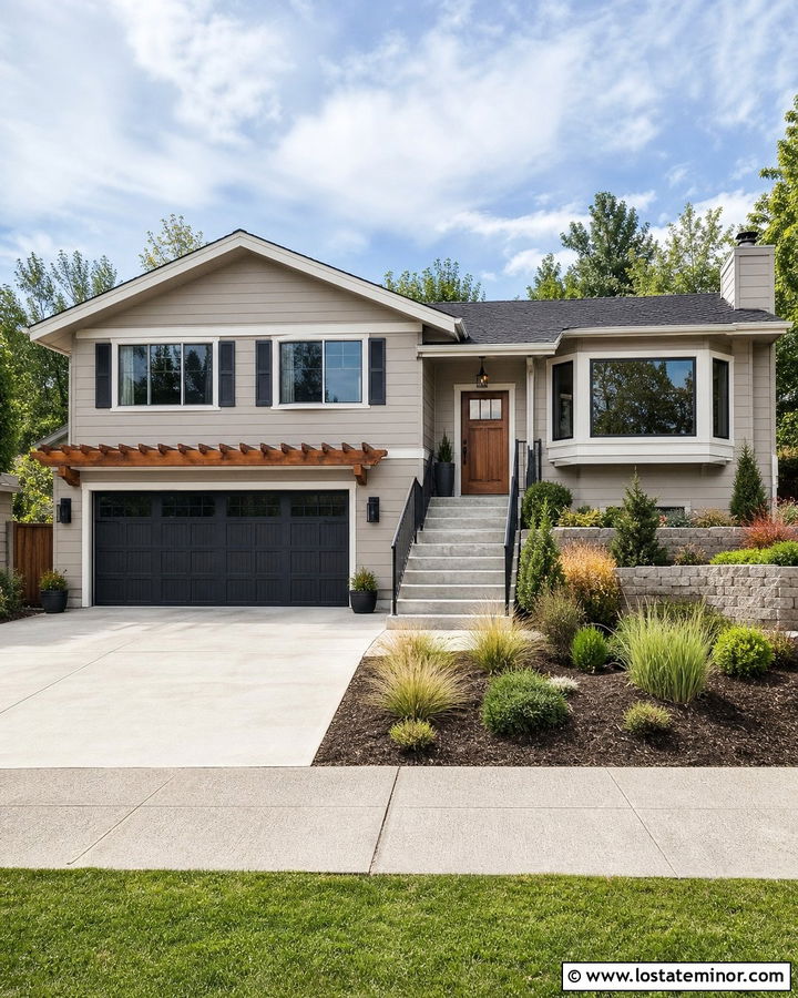Beige Split Level House With Garage Pergola - 30 Beige House Design With Pergola Ideas