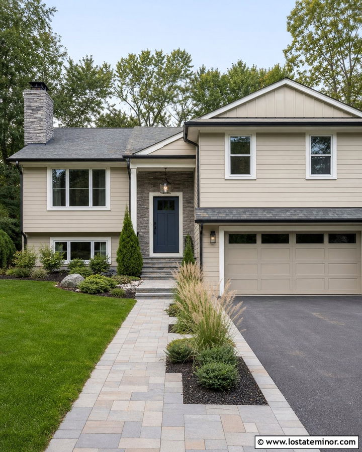 Beige Split Level House With Gray Stone Chimney - 30 Beige House Design With Chimney Ideas