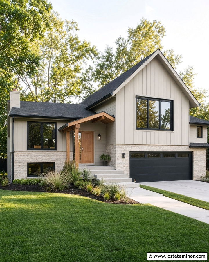 Beige Split Level House With Modern Gables - 30 Beige House Design With Gables Ideas