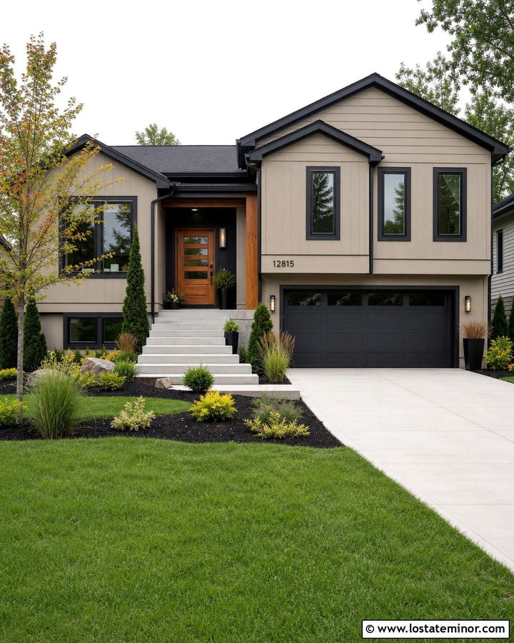 Beige Split Level House With Modern Landscaping - 30 Beige House Design With Landscaping Ideas