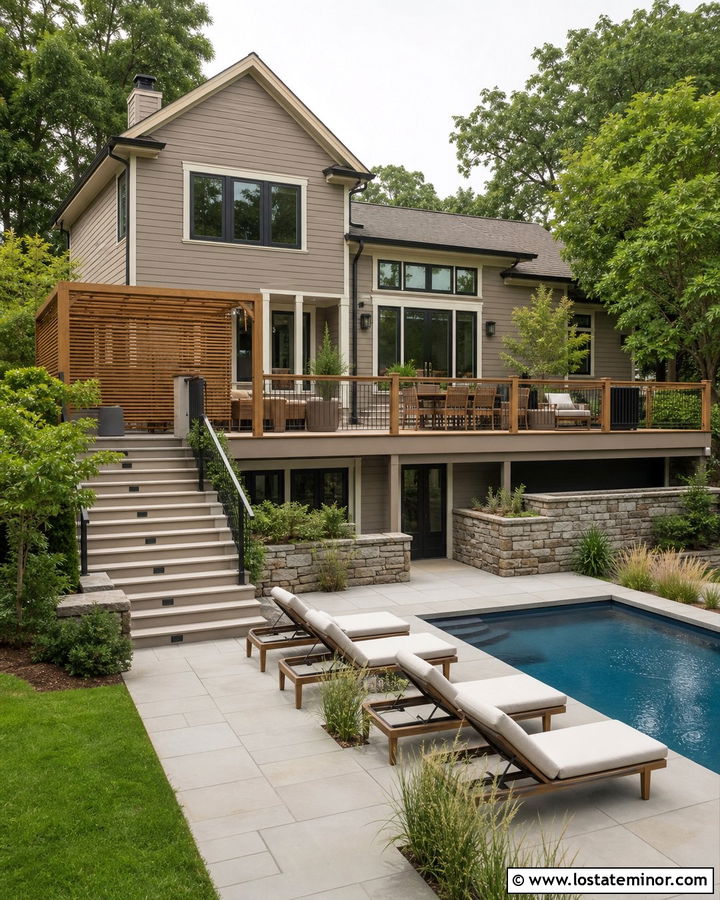 Beige Split Level House With Raised Pool Deck - 30 Beige House Design With Swimming Pool Ideas