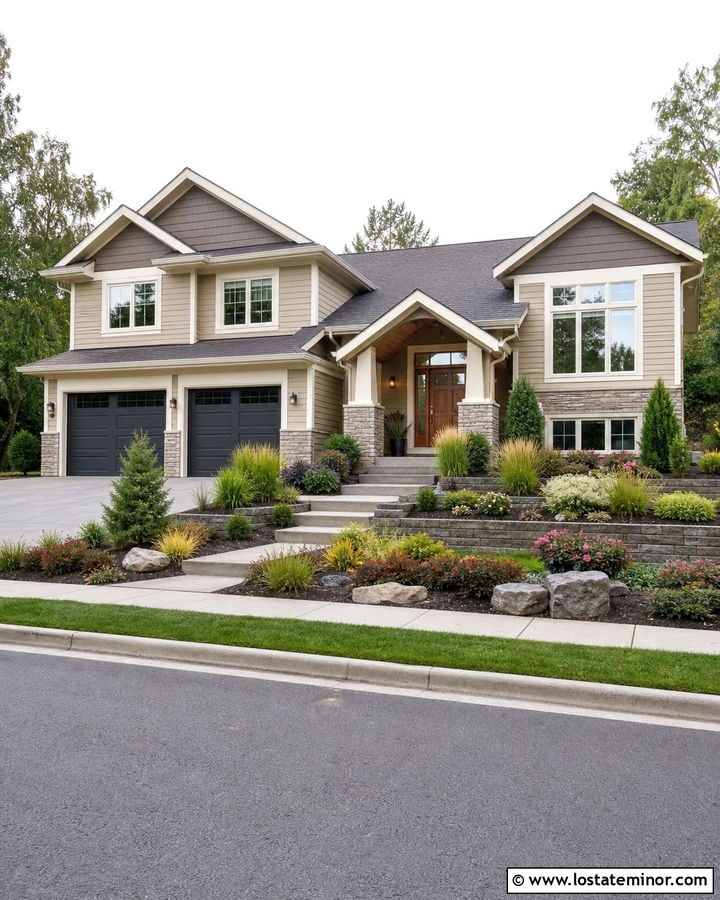 Beige Split Level House With Terraced Yard - 30 Beige House Design With Front Yard Ideas