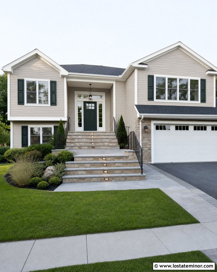 Beige Split Level House With Tiered Steps - 30 Beige House Design With Steps Ideas