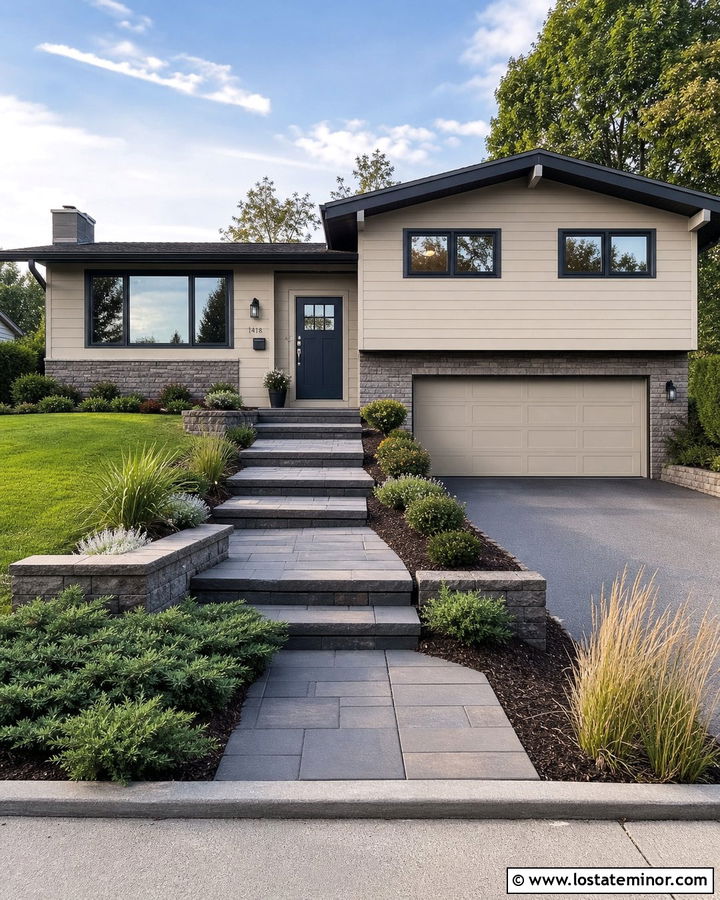 Beige Split Level House With Tiered Walkway - 30 Beige House Design With Walkway Ideas