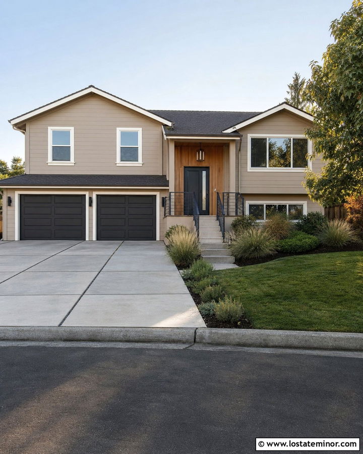 Beige Split Level House With Wide Driveway - 30 Beige House Design With Driveway Ideas