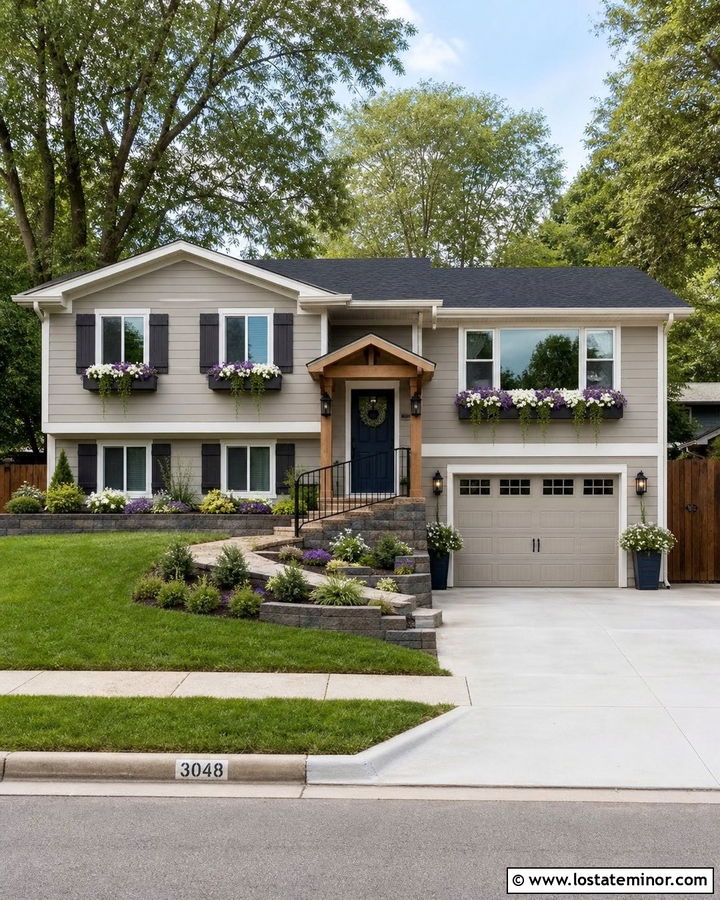 Beige Split Level House With Window Boxes - 30 Beige House Design With Window Boxes Ideas