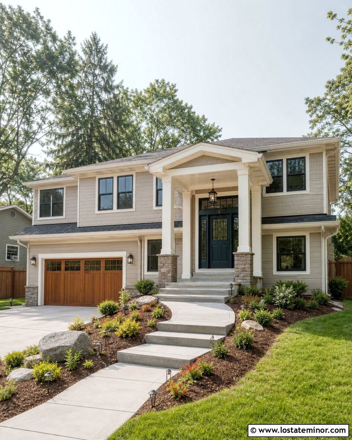 Beige Split Level With Extended Portico - 30 Beige House Design With Portico Ideas