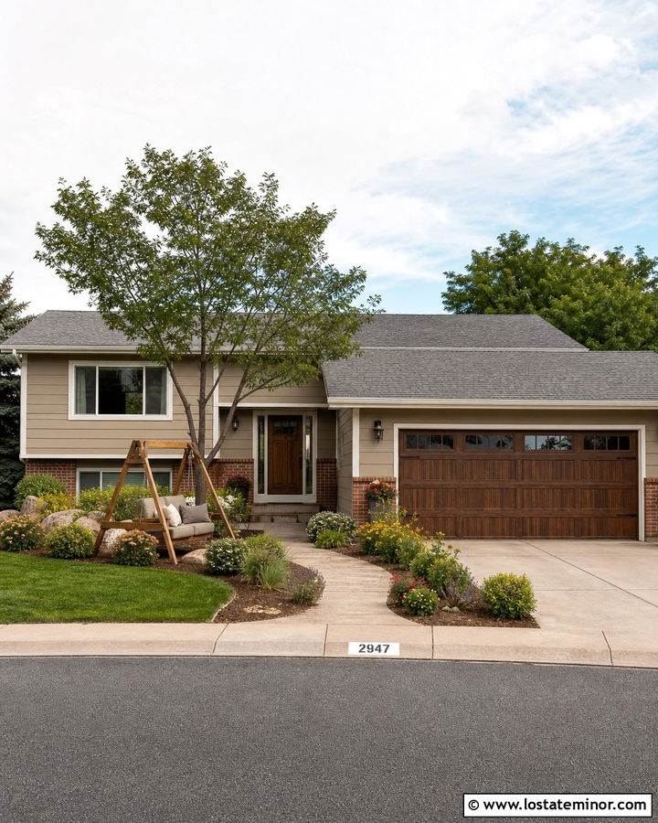 Beige Split Level With Freestanding Swing - 30 Beige House Design With Swing Ideas