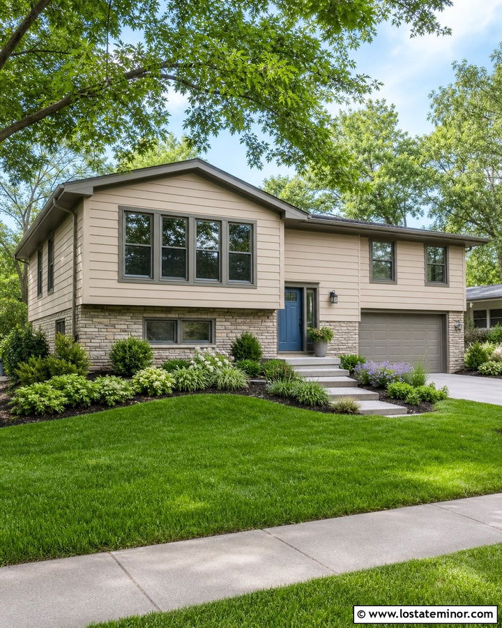 Beige Split Level With Greige Window Frames - 30 Beige House Design With Window Frames Ideas