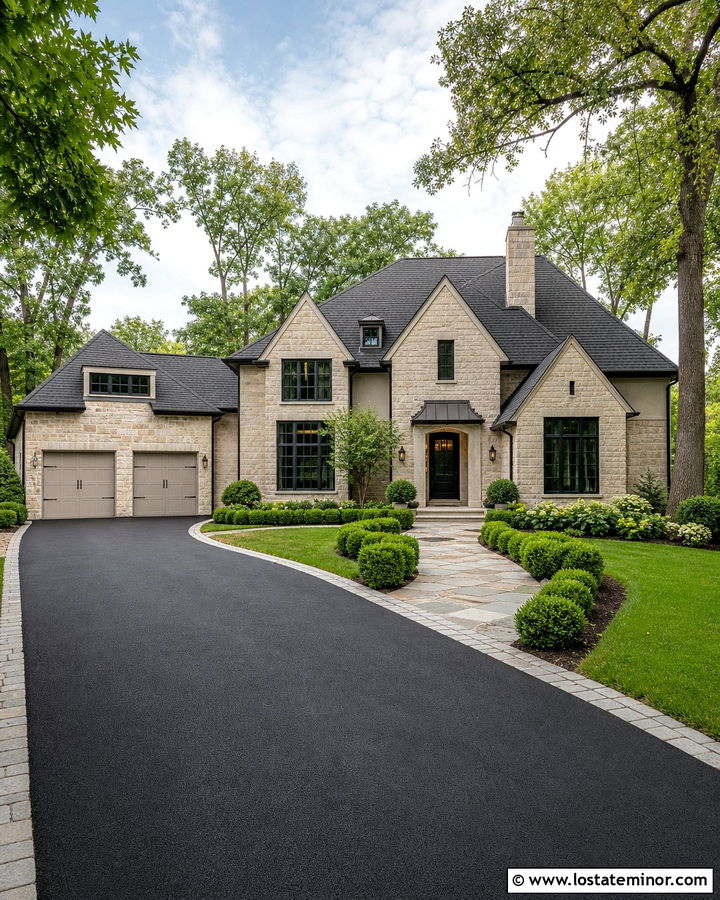 Beige Stone House With Asphalt Driveway - 30 Beige House Design With Driveway Ideas