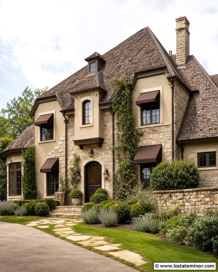 Beige Stone House With Brown Canvas Awnings - 30 Beige House Design With Awning Ideas