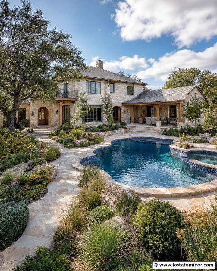 Beige Stone House With Freeform Pool - 30 Beige House Design With Swimming Pool Ideas