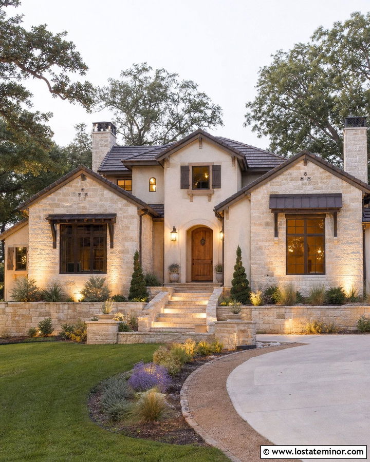 Beige Stone House With Landscape Uplights - 30 Beige House Design With Lighting Ideas