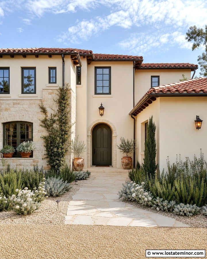 Beige Stone House With Olive Green Front Door - 30 Stone House Design With Front Door Ideas