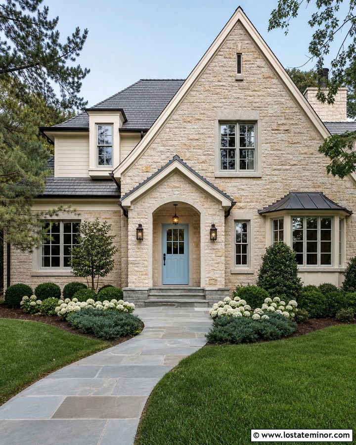 Beige Stone House With Powder Blue Dutch Door - 30 Beige House Design With Dutch Door Ideas