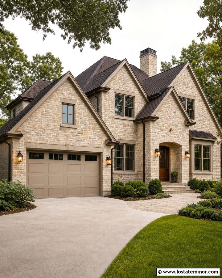 Beige Stone House With Taupe Garage Door - 30 Beige House Design With Garage Door Ideas