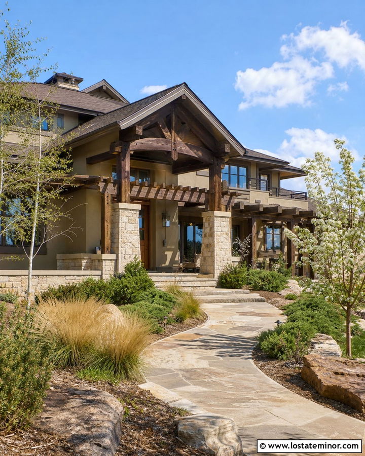 Beige Stone House With Timber Pergola - 30 Beige House Design With Pergola Ideas