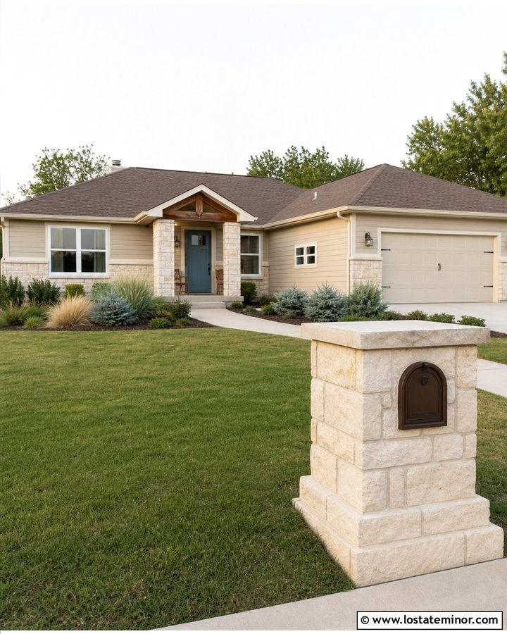 Beige Stone Ranch House With Blue Door And Bronze Mailbox - 30 Stone House Design With Mailbox Ideas