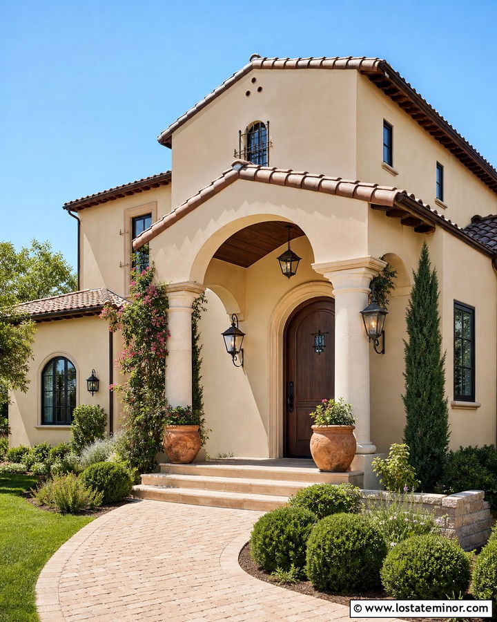 Beige Stucco House With Arched Portico - 30 Beige House Design With Portico Ideas