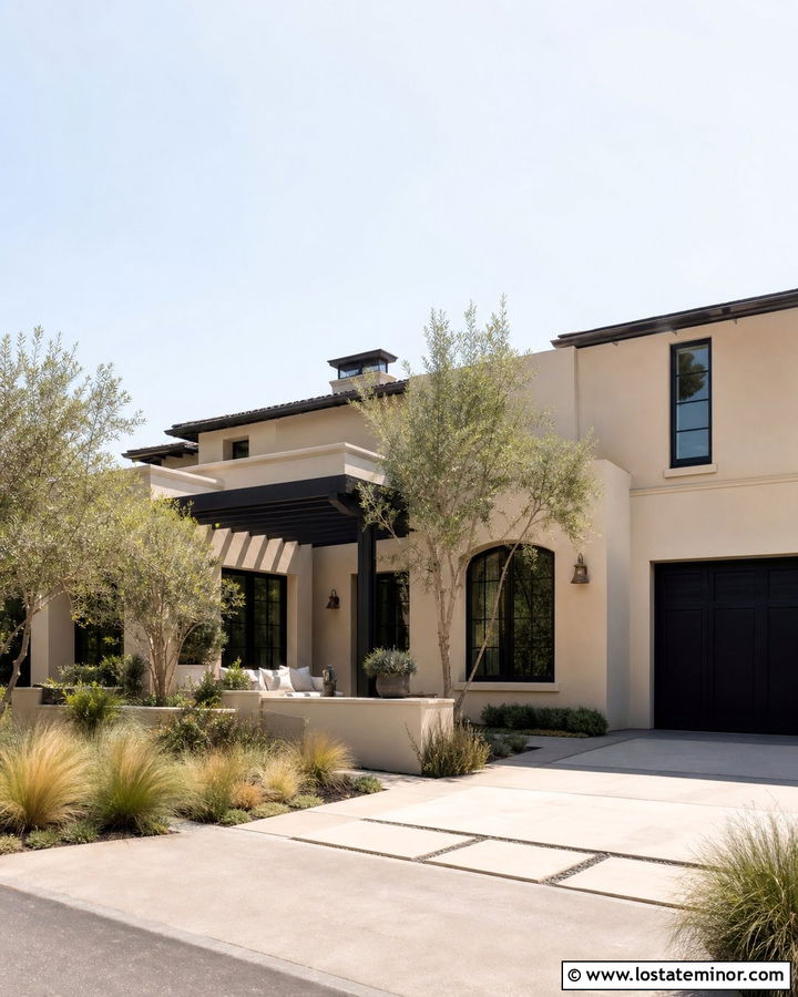Beige Stucco House With Black Pergola - 30 Beige House Design With Pergola Ideas