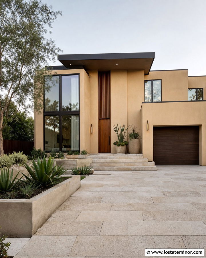 Beige Stucco House With Brass Cylinder Lights - 30 Beige House Design With Light Fixtures Ideas