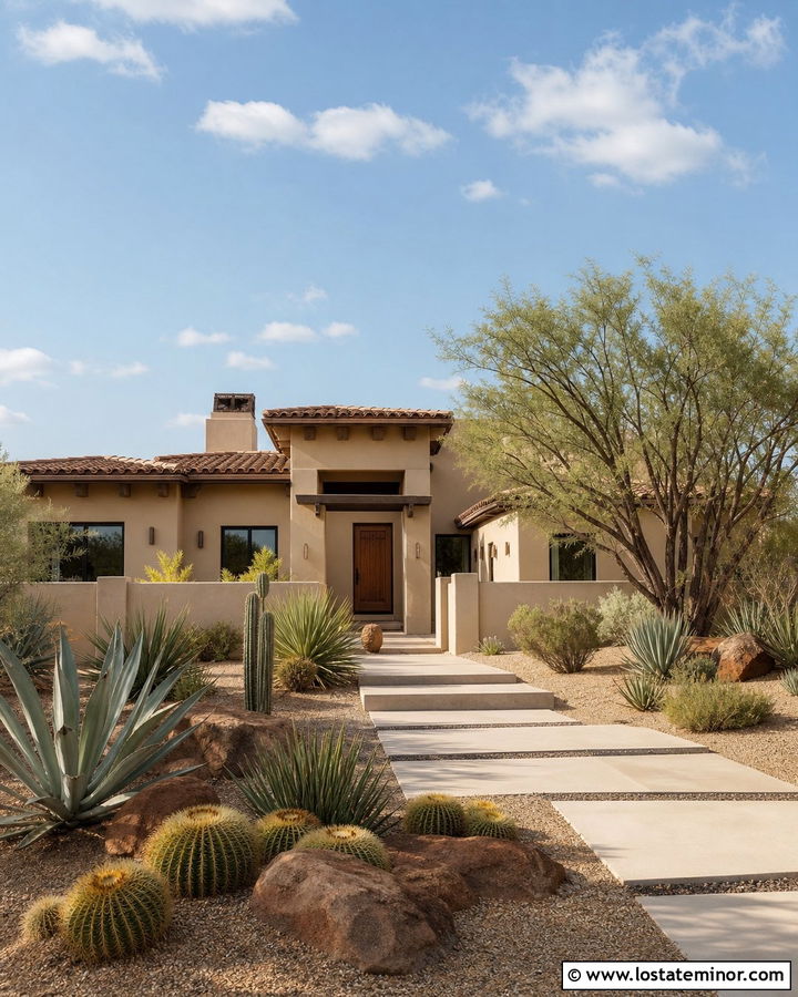 Beige Stucco House With Desert Landscaping - 30 Beige House Design With Front Yard Ideas
