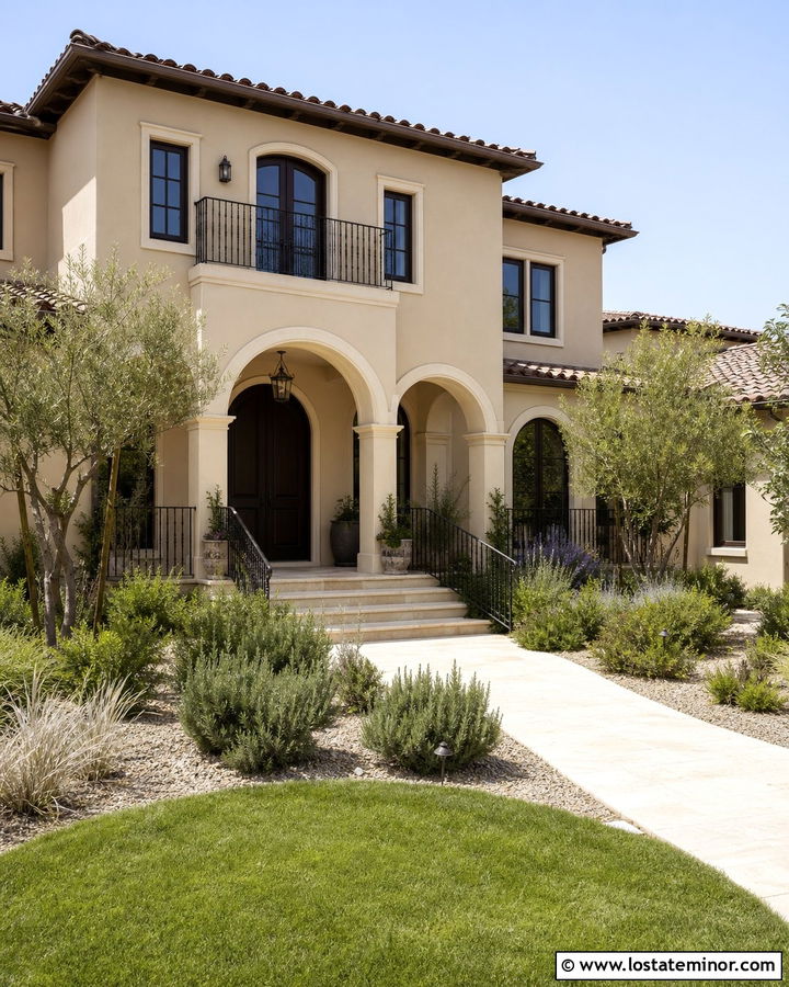 Beige Stucco House With Mediterranean Front Porch - 30 Beige House Design With Front Porch Ideas