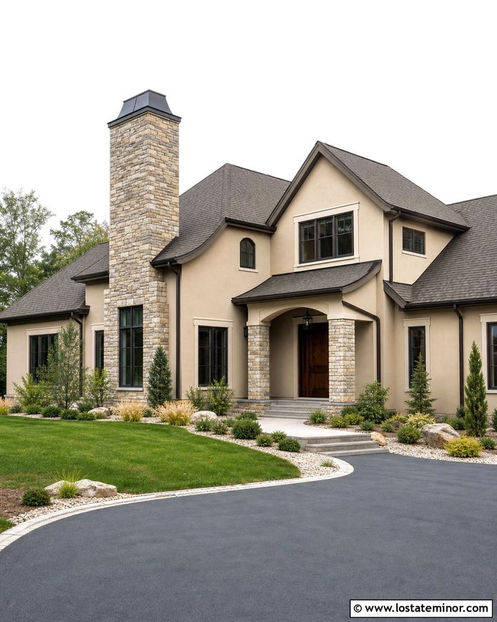 Beige Stucco House With Stone Chimney - 30 Beige House Design With Chimney Ideas