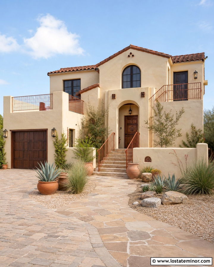 Beige Stucco House With Terracotta Railings - 30 Beige House Design With Railings Ideas