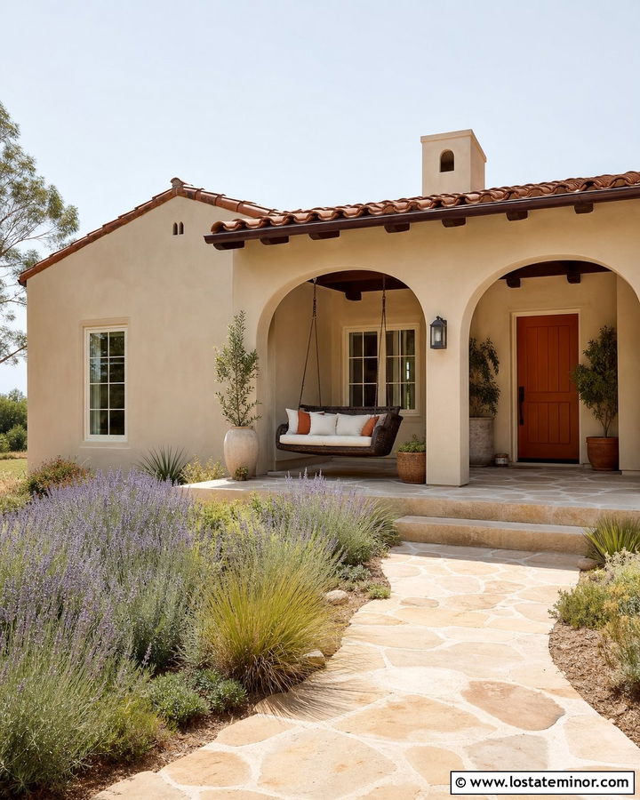 Beige Stucco House With Wicker Swing - 30 Beige House Design With Swing Ideas