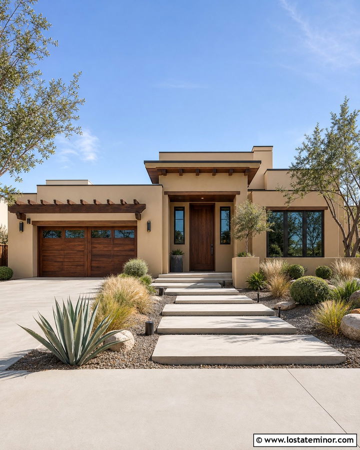 Beige Stucco House With Wood Accents - 30 Beige House Design With Accents Ideas