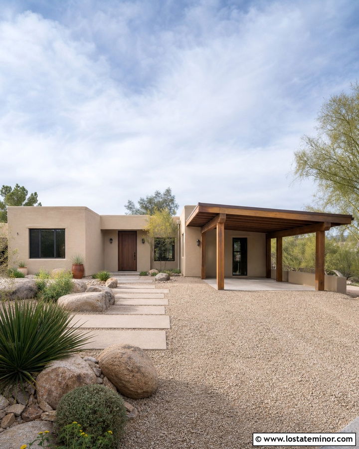 Beige Stucco House With Wood Carport - 30 Beige House Design With Carport Ideas