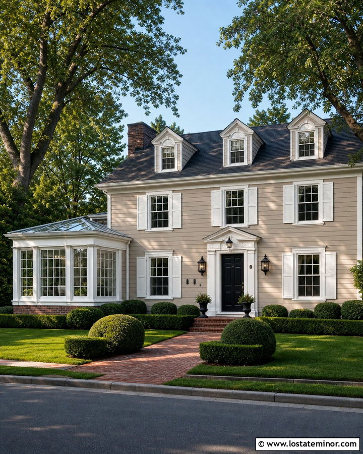 Beige Tan Colonial House With Conservatory Sunroom - 30 Tan House Design With Sunroom Ideas