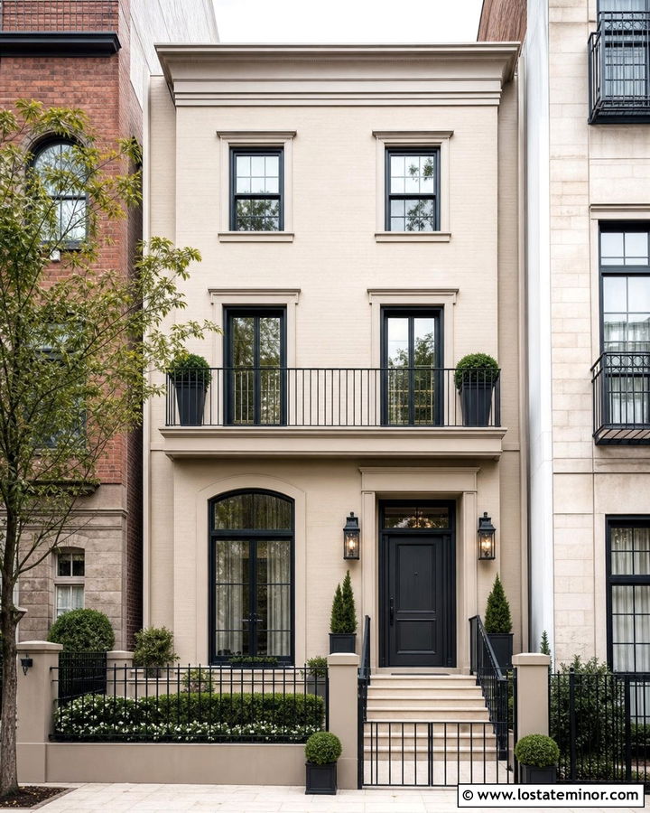 Beige Townhouse With Slim Black Railings - 30 Beige House Design With Railings Ideas