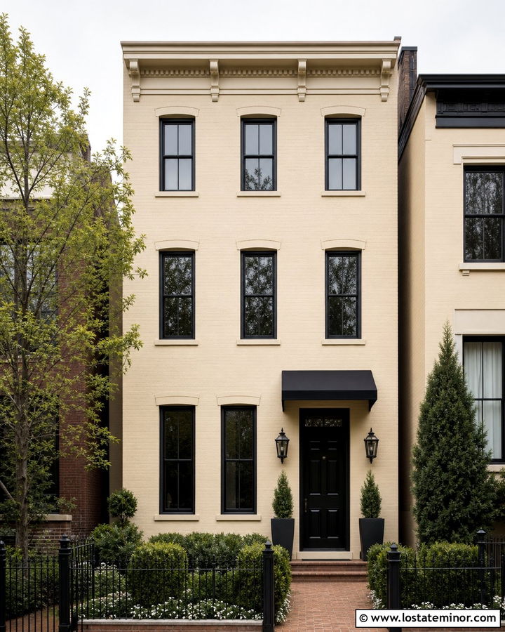 Beige Townhouse With Slim Door Awning - 30 Beige House Design With Awning Ideas