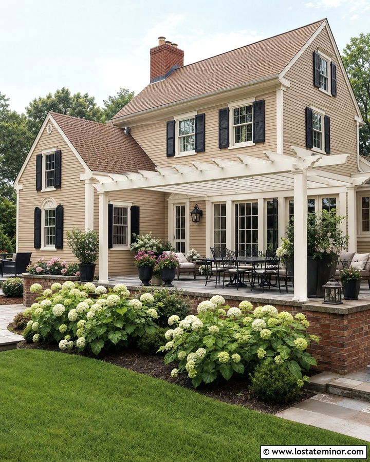 Beige Traditional House With Attached Pergola - 30 Beige House Design With Pergola Ideas