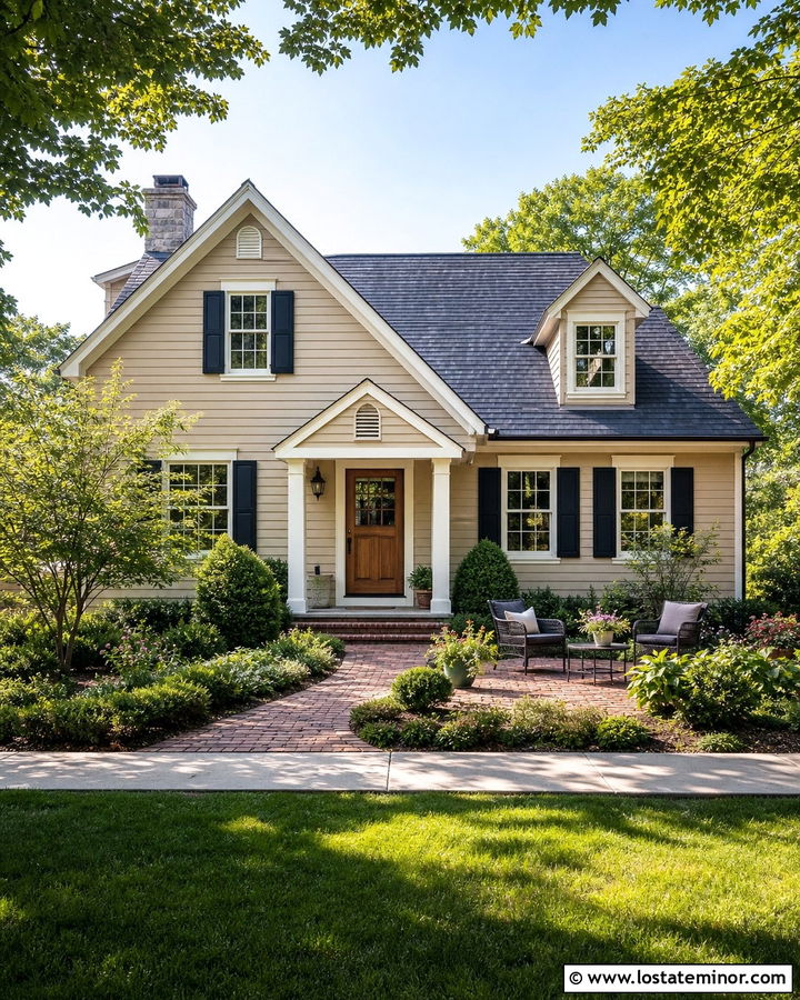 Beige Traditional House With Front Yard Patio - 30 Beige House Design With Front Yard Ideas