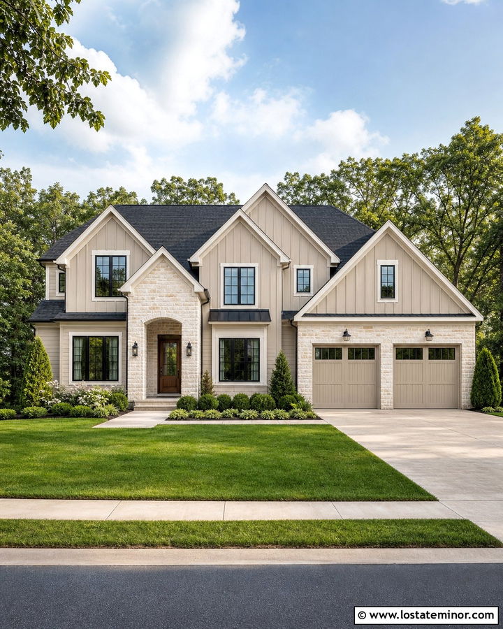 Beige Transitional House With Layered Gables - 30 Beige House Design With Gables Ideas
