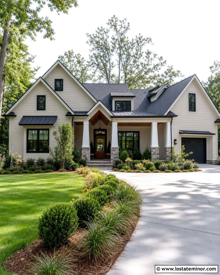 Beige Transitional House With Mixed Material Columns - 30 Beige House Design With Porch Columns Ideas